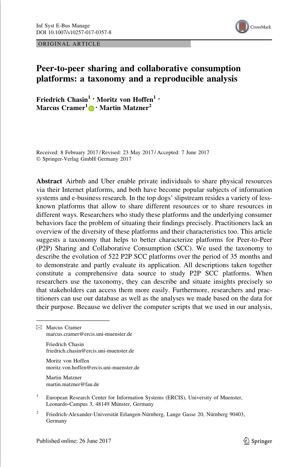 Zum Artikel "Peer-to-peer sharing and collaborative consumption platforms: a taxonomy and a reproducible analysis"