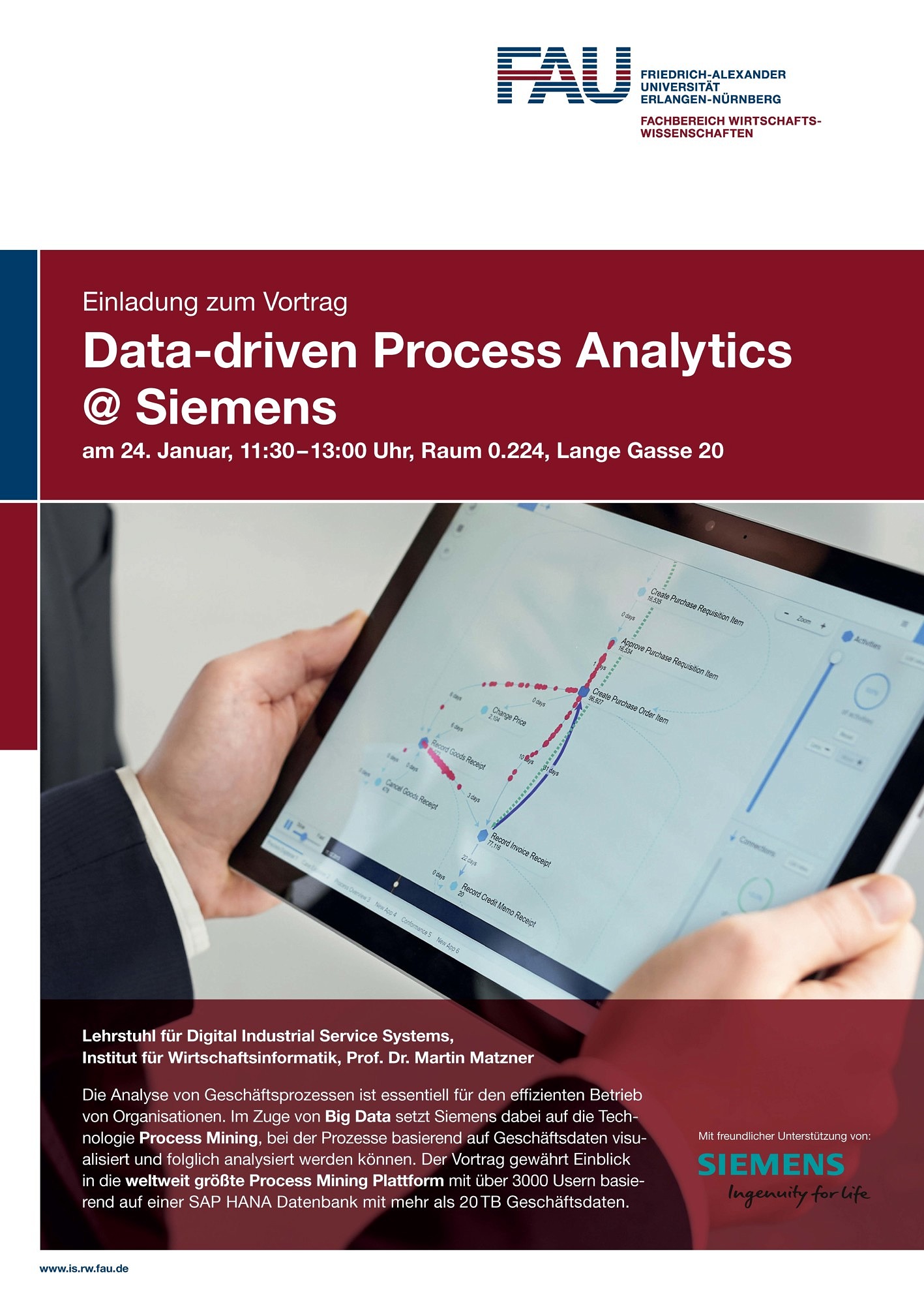 Zum Artikel "Gastvortrag am 24.01.18: Data-driven Process Analytics @ Siemens"