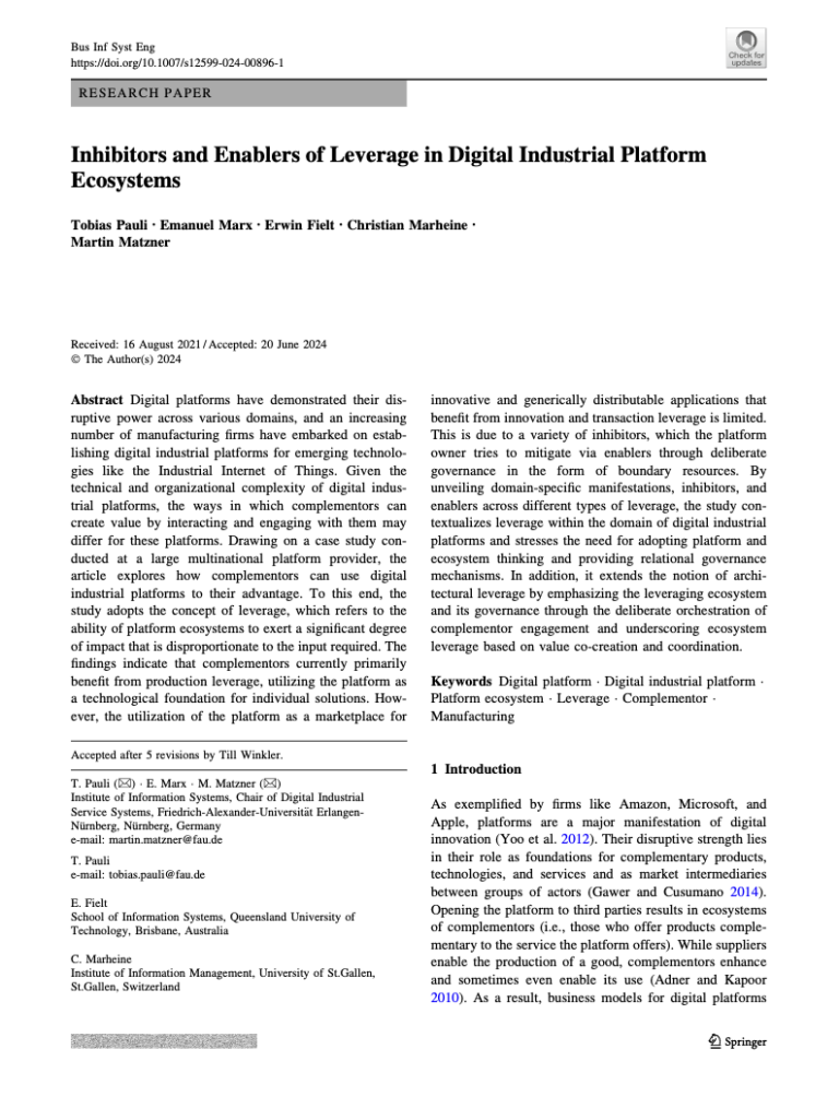 Neue Veröffentlichung zu Komplementoren und Plattformbesitzern: Erfolgsfaktoren für digitale industrielle Plattformen